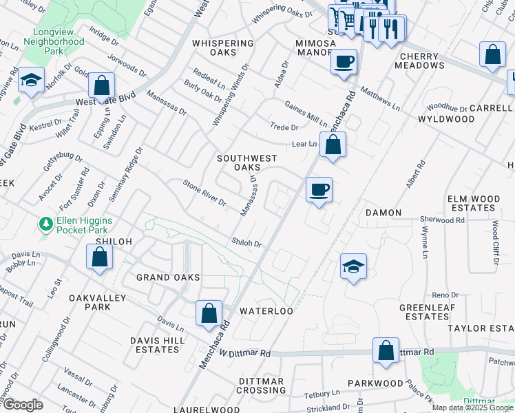 map of restaurants, bars, coffee shops, grocery stores, and more near 7810 Beauregard Circle in Austin