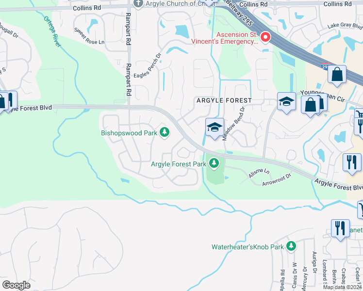 map of restaurants, bars, coffee shops, grocery stores, and more near 7103 Prestwick Circle North in Jacksonville