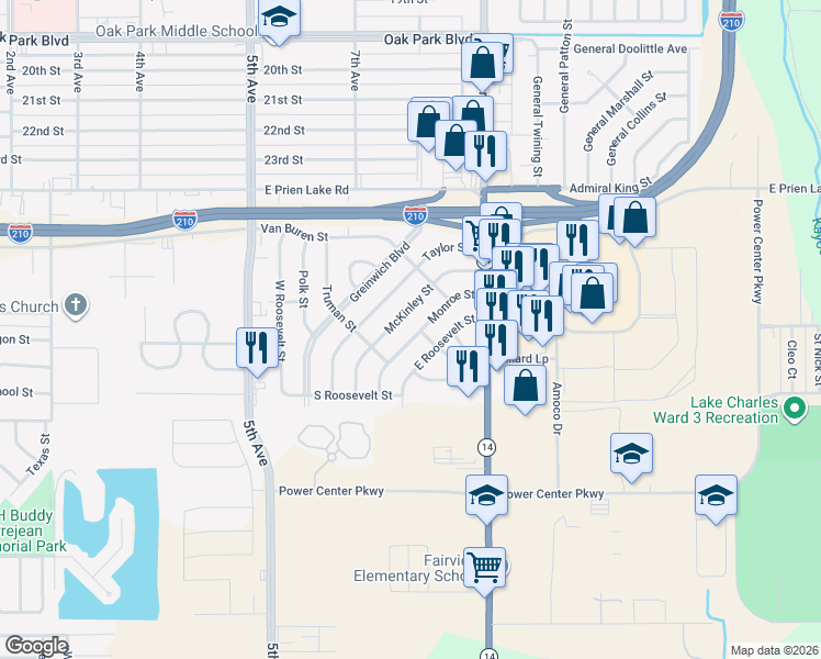 map of restaurants, bars, coffee shops, grocery stores, and more near 3538 Monroe St in Lake Charles