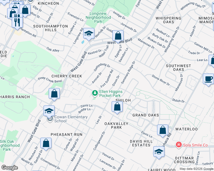 map of restaurants, bars, coffee shops, grocery stores, and more near 8309 Fort Sumter Road in Austin