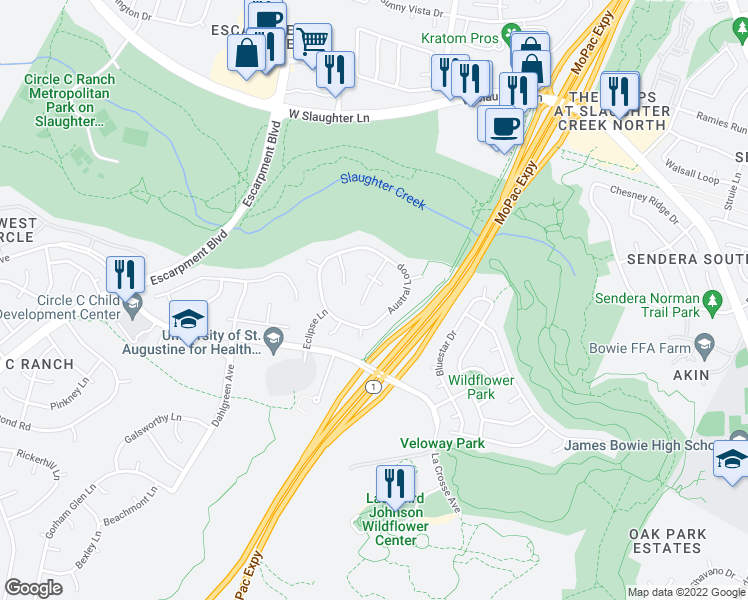 map of restaurants, bars, coffee shops, grocery stores, and more near 10019 Estancia Ln in Austin