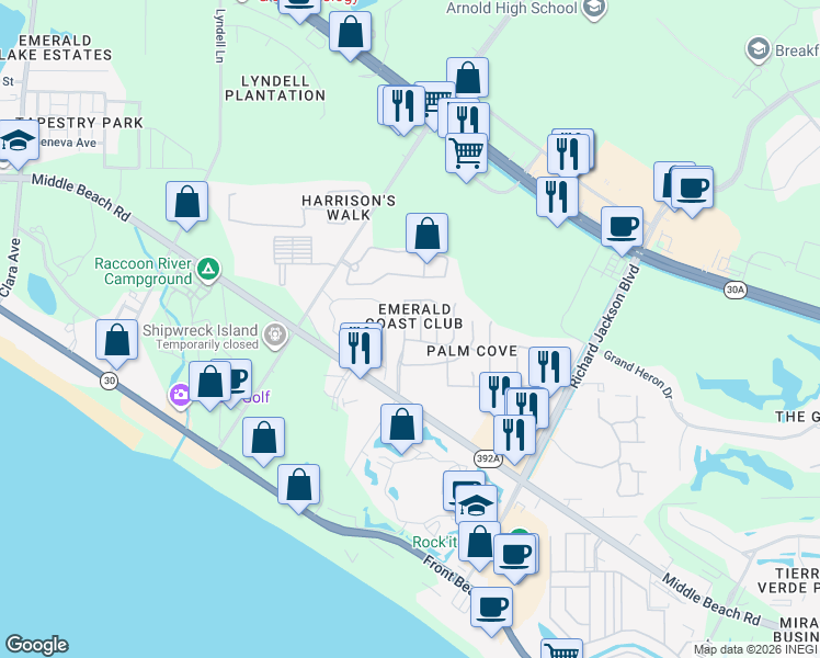 map of restaurants, bars, coffee shops, grocery stores, and more near 210 Emerald Coast Club Boulevard in Panama City Beach
