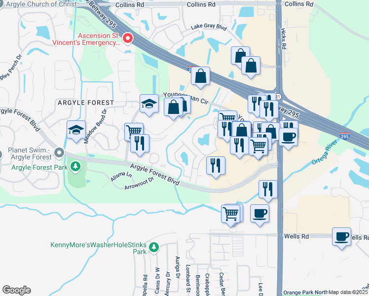 map of restaurants, bars, coffee shops, grocery stores, and more near 8550 Argyle Business Loop in Jacksonville