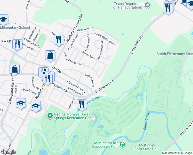 map of restaurants, bars, coffee shops, grocery stores, and more near 5708 Lark Creek Drive in Austin