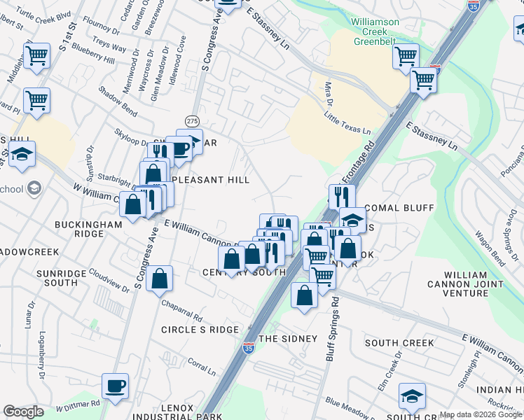 map of restaurants, bars, coffee shops, grocery stores, and more near 705 North Bluff Drive in Austin