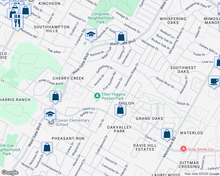map of restaurants, bars, coffee shops, grocery stores, and more near 8309 Fort Sumter Road in Austin