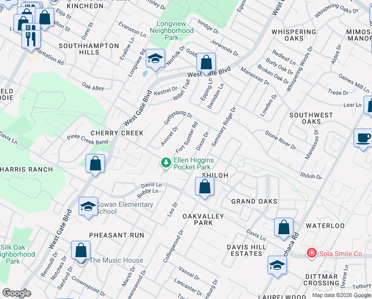 map of restaurants, bars, coffee shops, grocery stores, and more near 8309 Fort Sumter Road in Austin
