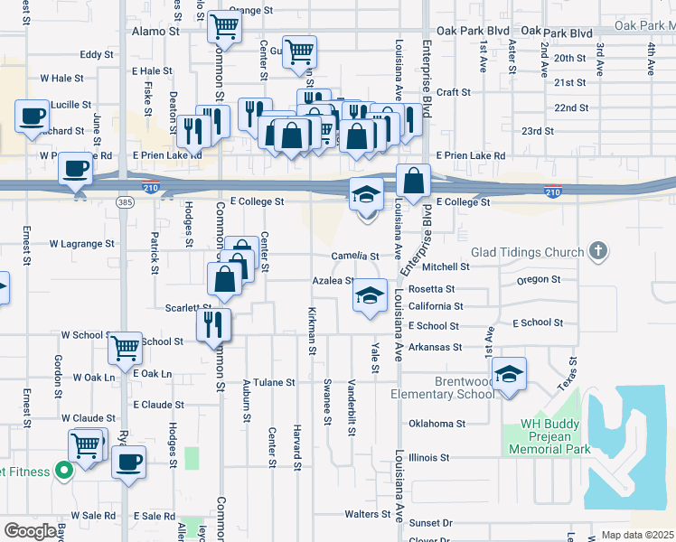 map of restaurants, bars, coffee shops, grocery stores, and more near 3507 Crescent Street in Lake Charles