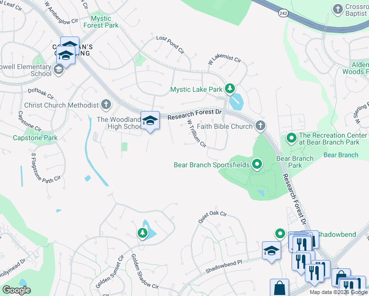 map of restaurants, bars, coffee shops, grocery stores, and more near 23 Hawkseye Place in Spring