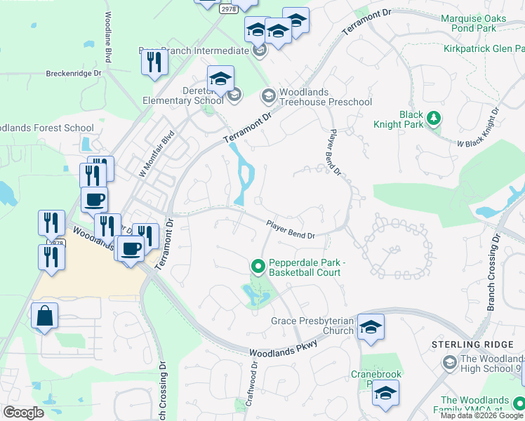 map of restaurants, bars, coffee shops, grocery stores, and more near 71 West Ambassador Bend in Spring