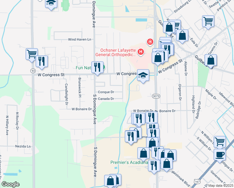 map of restaurants, bars, coffee shops, grocery stores, and more near 122 Conque Drive in Lafayette