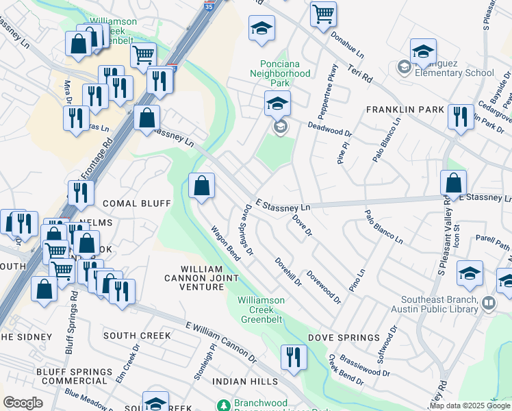 map of restaurants, bars, coffee shops, grocery stores, and more near 2203 East Stassney Lane in Austin