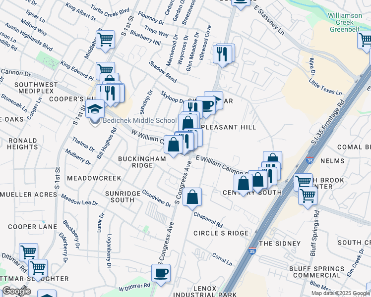 map of restaurants, bars, coffee shops, grocery stores, and more near 6702 South Congress Avenue in Austin