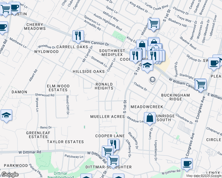 map of restaurants, bars, coffee shops, grocery stores, and more near 7103 Barnsdale Way in Austin