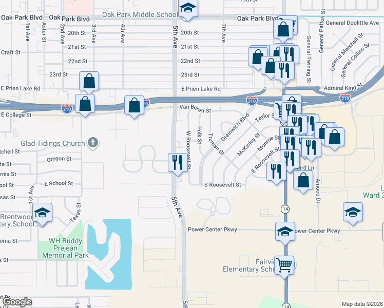 map of restaurants, bars, coffee shops, grocery stores, and more near 3525 West Roosevelt Street in Lake Charles