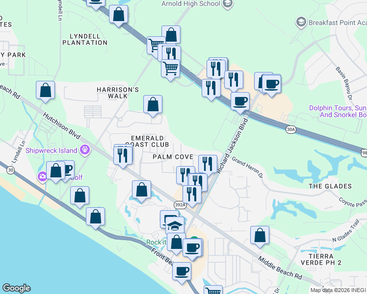 map of restaurants, bars, coffee shops, grocery stores, and more near 153 Seagrass Way in Panama City Beach