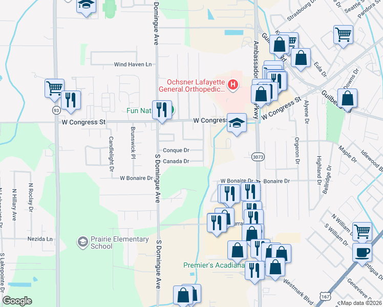 map of restaurants, bars, coffee shops, grocery stores, and more near 122 Conque Drive in Lafayette