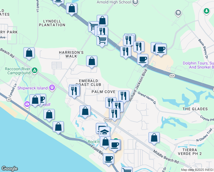 map of restaurants, bars, coffee shops, grocery stores, and more near 153 Seagrass Way in Panama City Beach