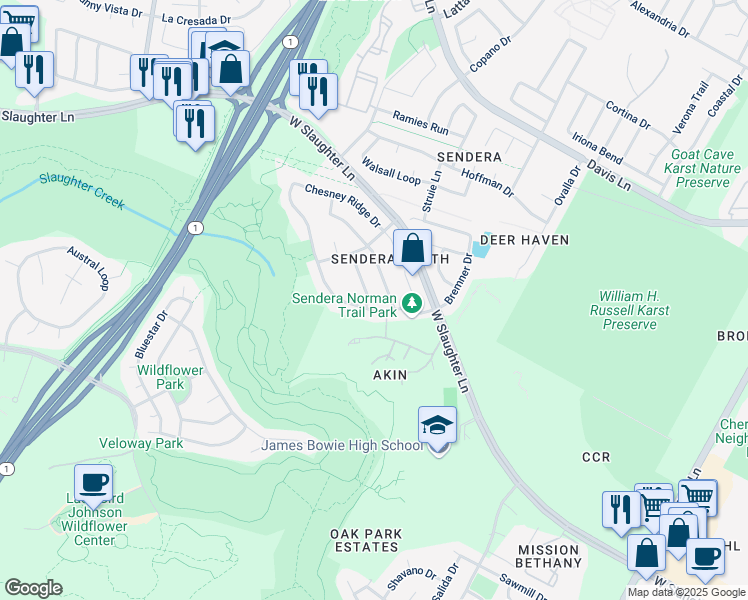 map of restaurants, bars, coffee shops, grocery stores, and more near 4504 Steed Drive in Austin