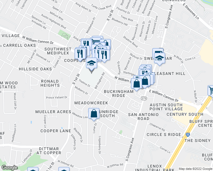 map of restaurants, bars, coffee shops, grocery stores, and more near 6805 Shadywood Drive in Austin