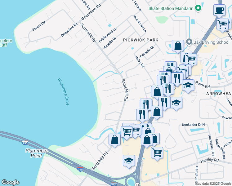 map of restaurants, bars, coffee shops, grocery stores, and more near 2861 Evercharm Place in Jacksonville