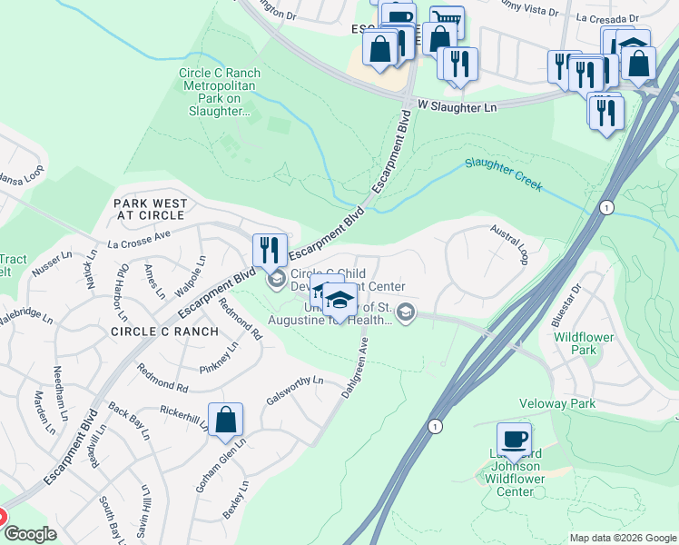 map of restaurants, bars, coffee shops, grocery stores, and more near 10212 Rhett Butler Drive in Austin