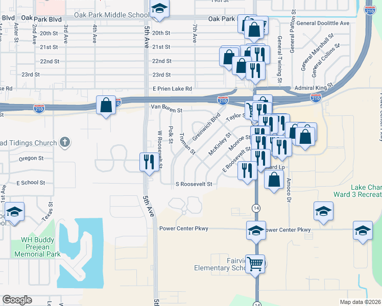 map of restaurants, bars, coffee shops, grocery stores, and more near 3609 Greinwich Blvd in Lake Charles