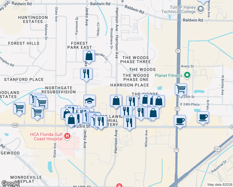 map of restaurants, bars, coffee shops, grocery stores, and more near 2566 Harrison Avenue in Panama City
