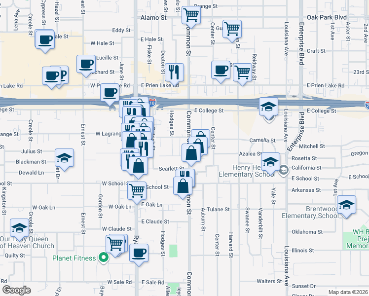 map of restaurants, bars, coffee shops, grocery stores, and more near 3514 Common Street in Lake Charles