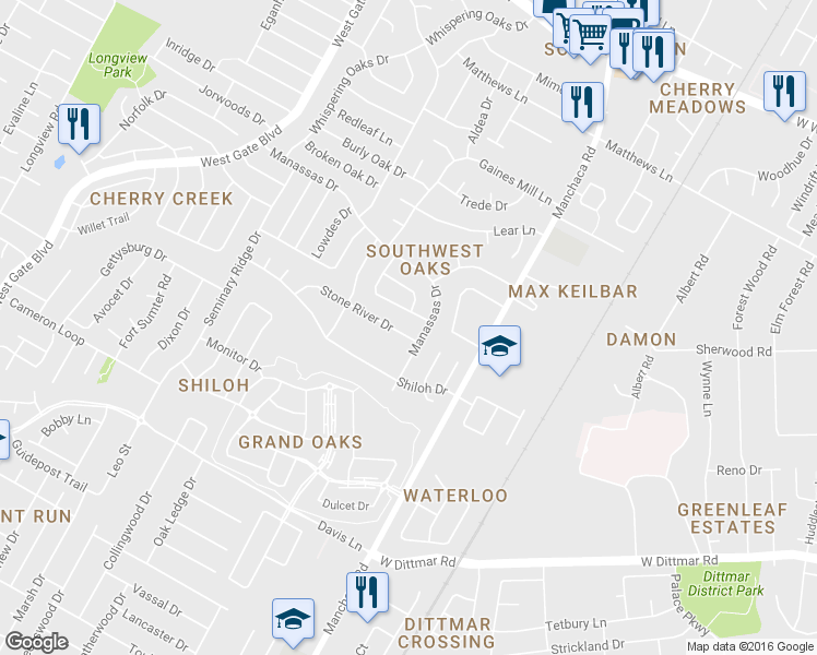 map of restaurants, bars, coffee shops, grocery stores, and more near 2104 Stone River Drive in Austin