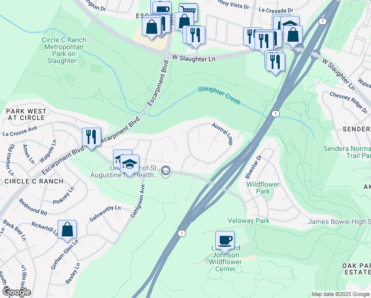 map of restaurants, bars, coffee shops, grocery stores, and more near 5434 Austral Loop in Austin