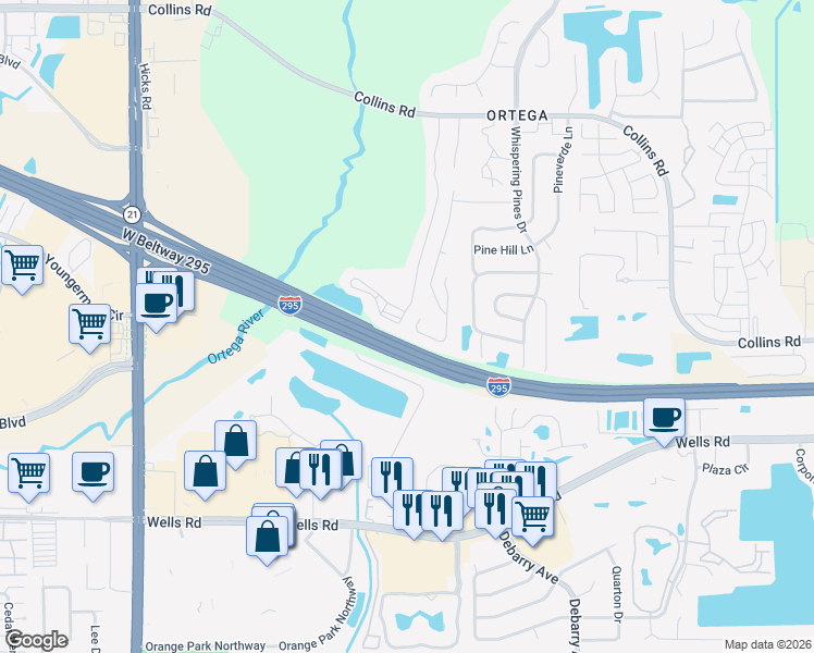 map of restaurants, bars, coffee shops, grocery stores, and more near 5712 English Oak Drive South in Jacksonville