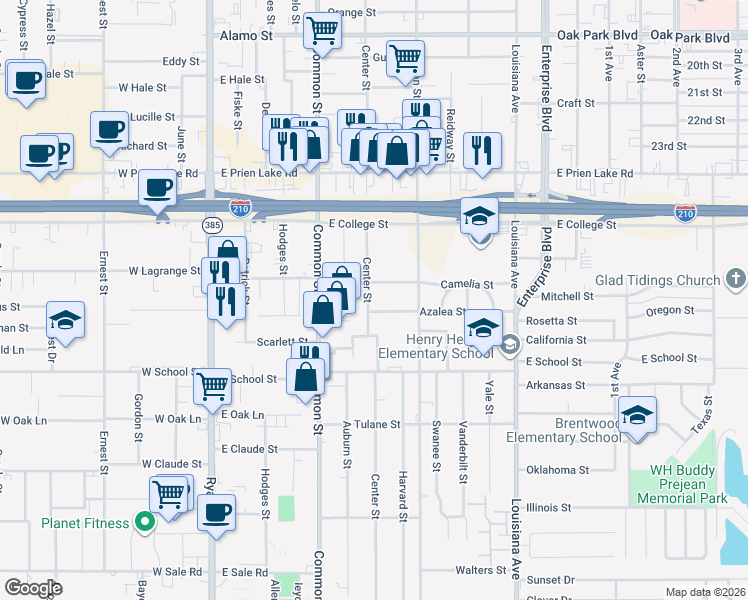 map of restaurants, bars, coffee shops, grocery stores, and more near 3504 Center Street in Lake Charles