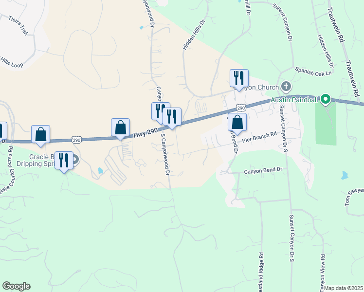 map of restaurants, bars, coffee shops, grocery stores, and more near 179 Canyonwood Drive in Dripping Springs