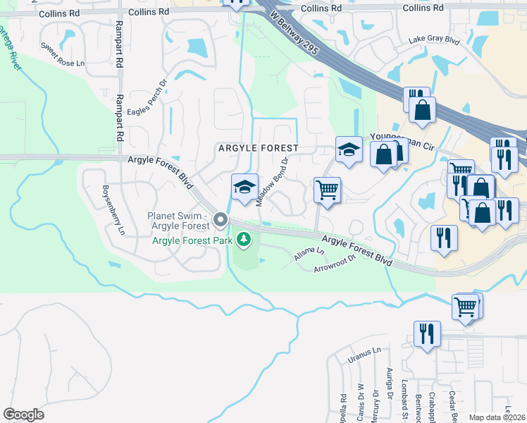 map of restaurants, bars, coffee shops, grocery stores, and more near 8508 Long Meadow Court in Jacksonville