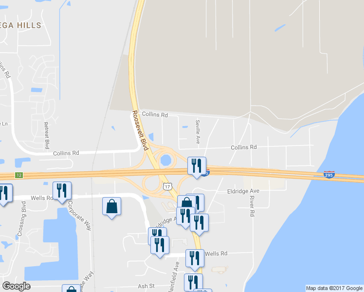 map of restaurants, bars, coffee shops, grocery stores, and more near 4387 Collins Road in Orange Park