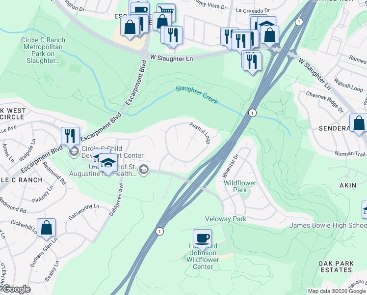 map of restaurants, bars, coffee shops, grocery stores, and more near 10022 Estancia Lane in Austin