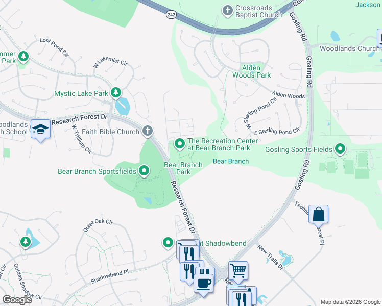 map of restaurants, bars, coffee shops, grocery stores, and more near 5200 Research Forest Drive in The Woodlands