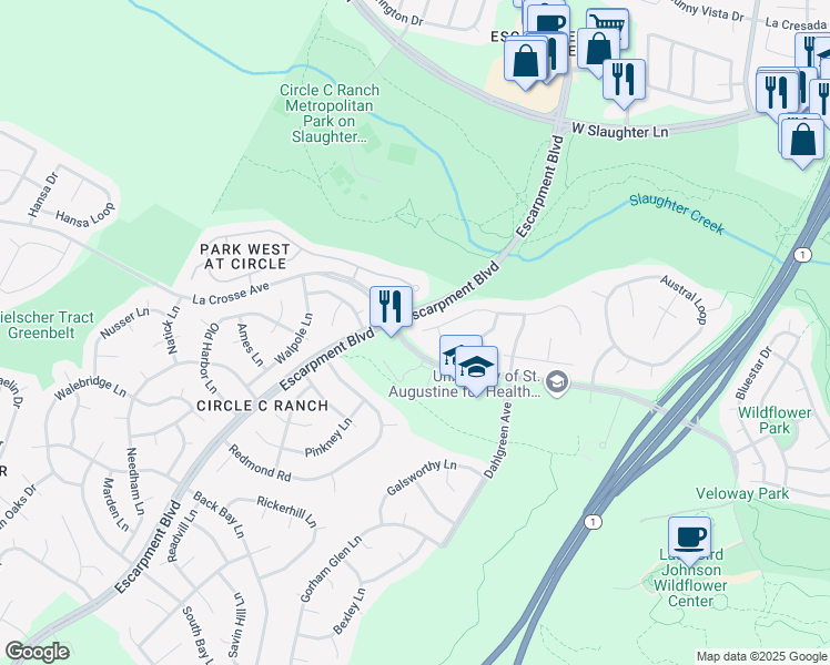 map of restaurants, bars, coffee shops, grocery stores, and more near 5848 Van Winkle Lane in Austin