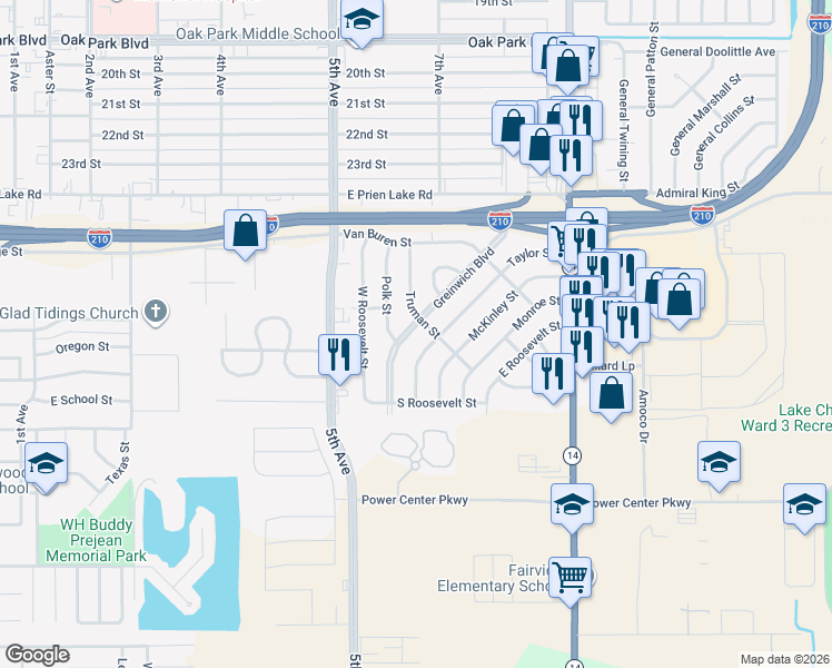 map of restaurants, bars, coffee shops, grocery stores, and more near 3609 Greinwich Blvd in Lake Charles