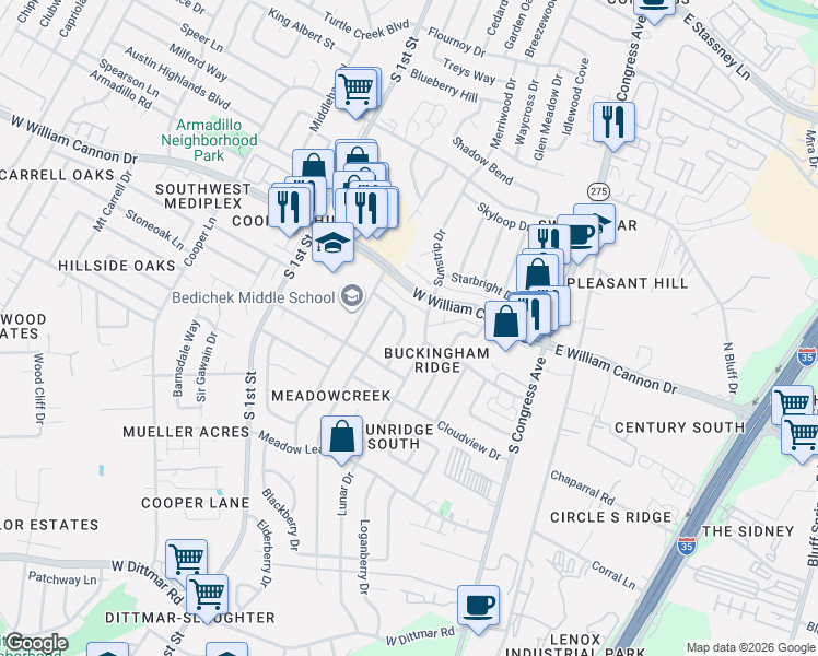 map of restaurants, bars, coffee shops, grocery stores, and more near 6803 Lunar Drive in Austin