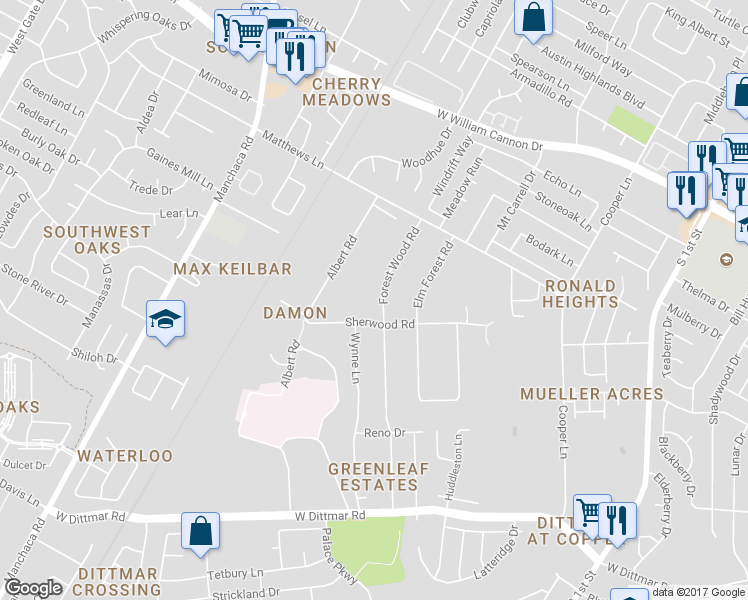 map of restaurants, bars, coffee shops, grocery stores, and more near 7402 Forest Wood Road in Austin