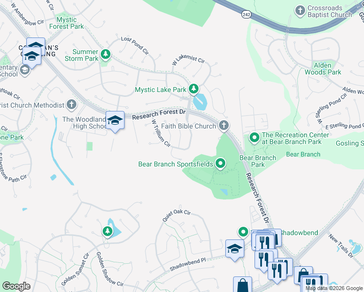 map of restaurants, bars, coffee shops, grocery stores, and more near 2 Sweetdream Place in Spring