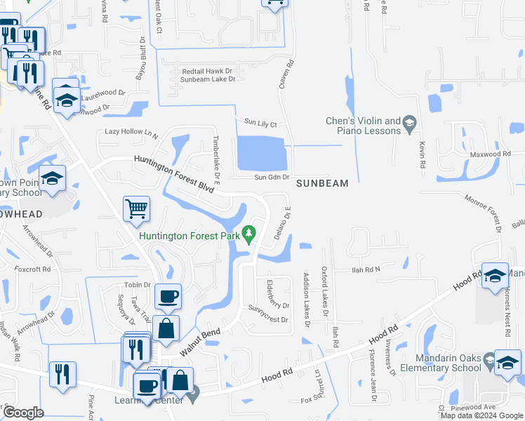 map of restaurants, bars, coffee shops, grocery stores, and more near 10030 Huntington Forest Boulevard East in Jacksonville