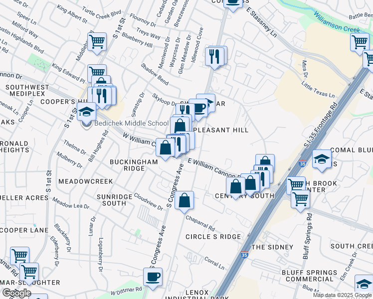 map of restaurants, bars, coffee shops, grocery stores, and more near South Congress Avenue in Austin