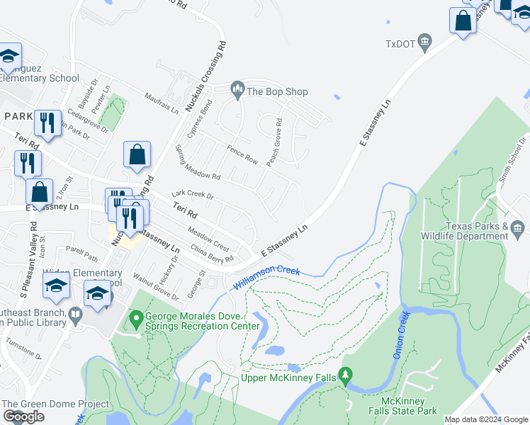 map of restaurants, bars, coffee shops, grocery stores, and more near 5807 Spring Meadow Road in Austin