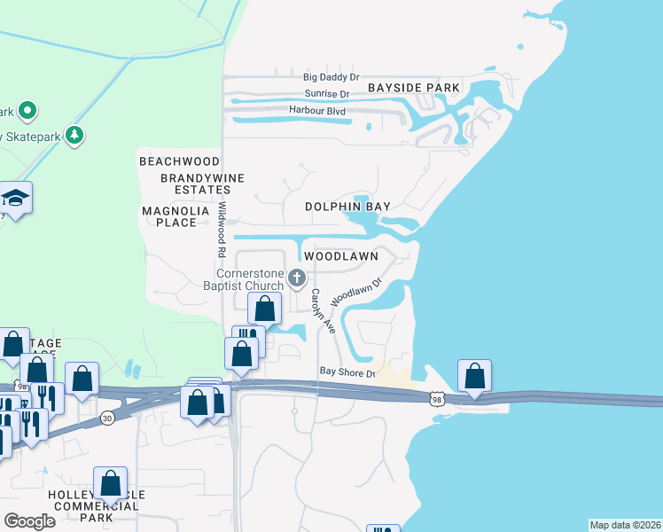 map of restaurants, bars, coffee shops, grocery stores, and more near 205 Greenwood Drive in Panama City Beach