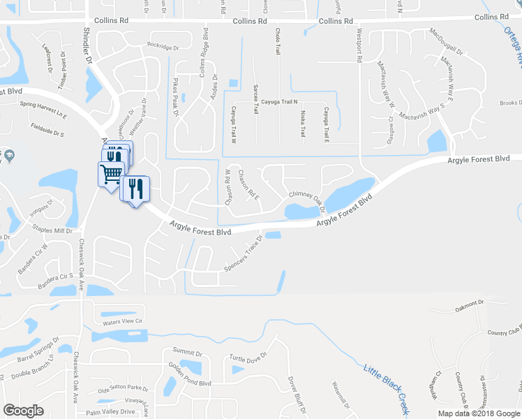 map of restaurants, bars, coffee shops, grocery stores, and more near 8418 East Chason Road in Jacksonville