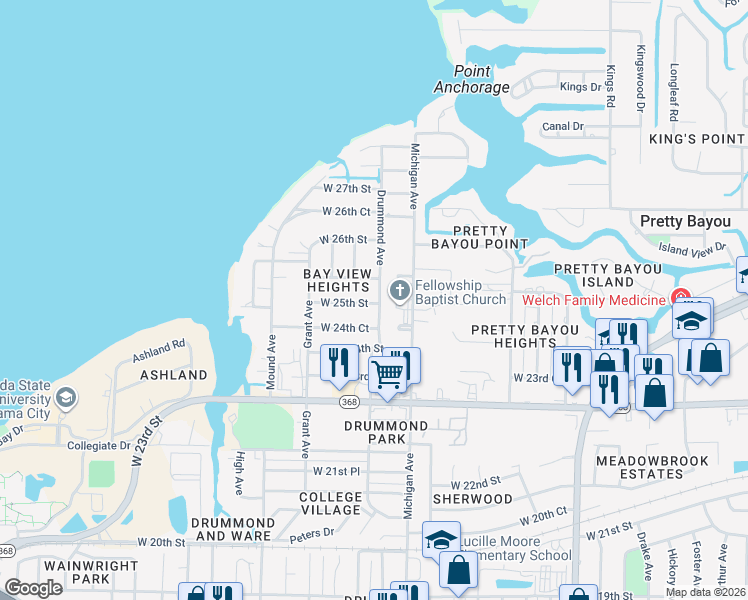 map of restaurants, bars, coffee shops, grocery stores, and more near 2503 Drummond Avenue in Panama City