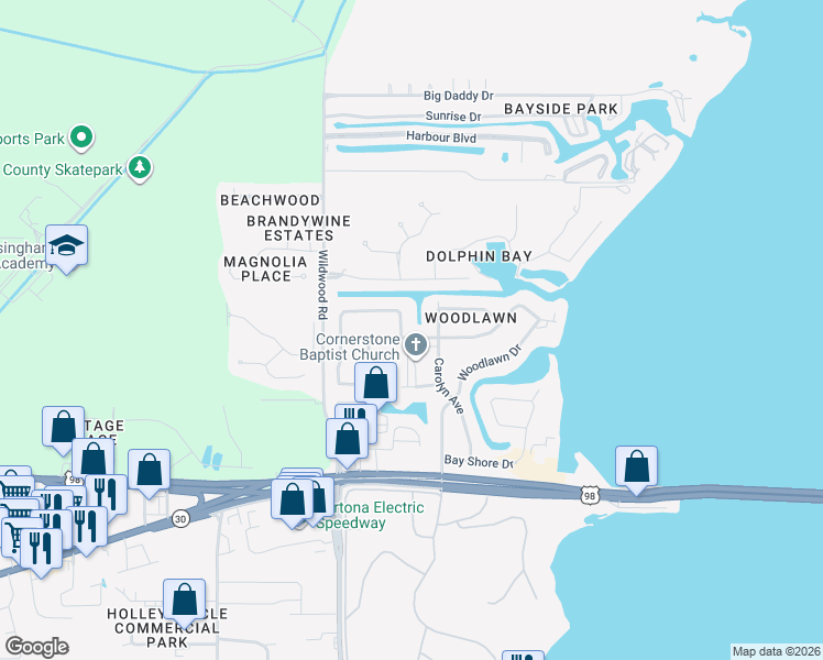 map of restaurants, bars, coffee shops, grocery stores, and more near 109 Greenwood Drive in Panama City
